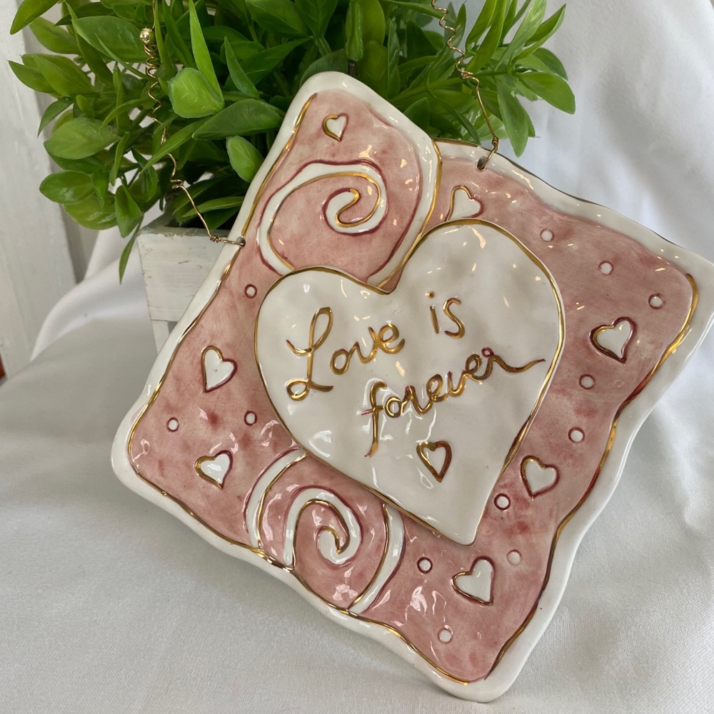 “Love Is Forever” Ceramic Wall Hanging, Pink/White